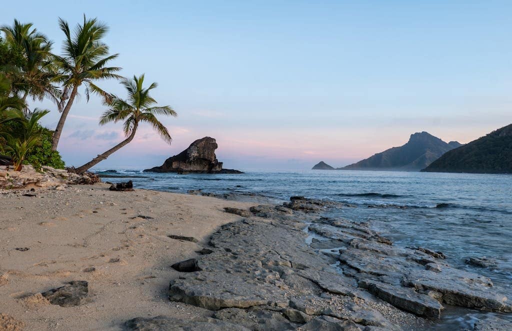 Explore a serene Fiji beach at sunrise with palm trees, rocky shore, and distant islands.